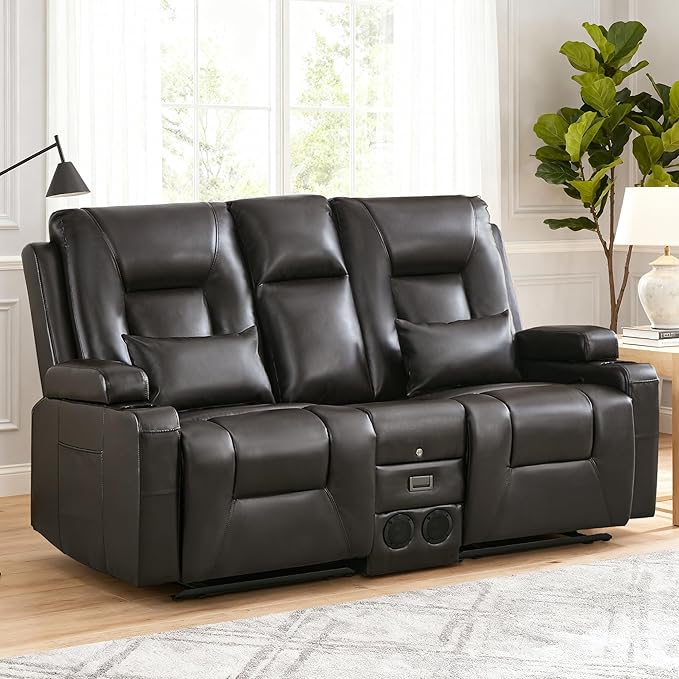 Houjud Manual Reclining Loveseat Sofa with Console PU Leather Recliner Sofa RV Couch with Bluetooth Speakers USB Charging AC Outlets and Pillow for Home Theater Dark Brown