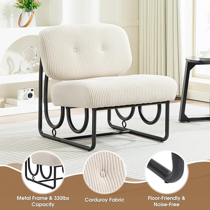 Armless Accent Chair Beige Upholstered Chair for Bedroom Comfy Modern Chair for Living Room Small Space Mid Century Accent Chair No Arm Lounge Chair
