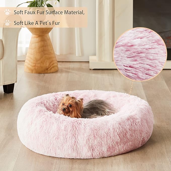 WNPETHOME Calming Dog Bed &amp Cat Bed Donut Faux Fur Self-Warming Donut Cuddler Comfortable Round Plush Pet Beds (27 x 27 x 8 Inch Light Pink)
