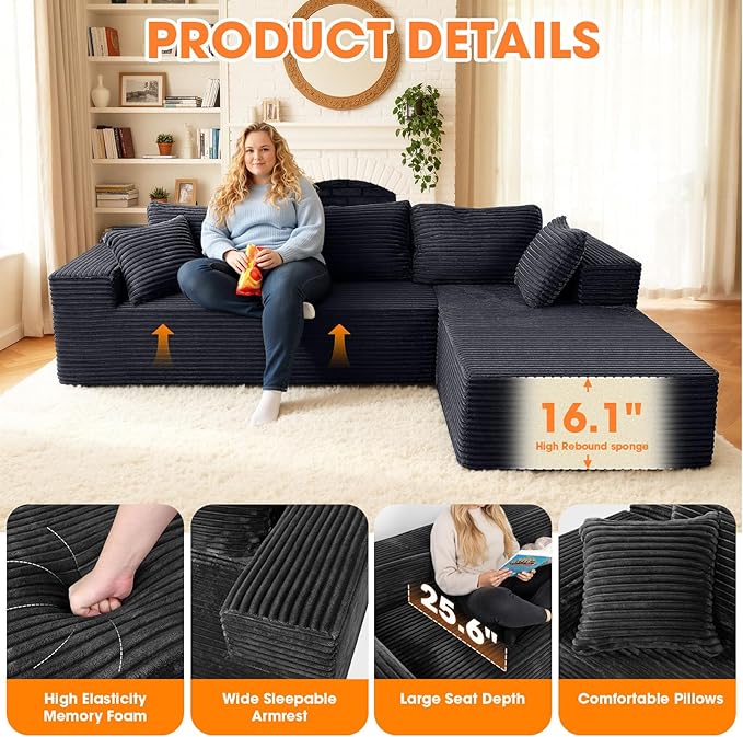 108” Modular Sectional Sofa Couches Oversized L-Shape Cloud Couch with Deep Seat Comfy Memory Foam Modern Boneless Couch for Living Room No Assembly Required