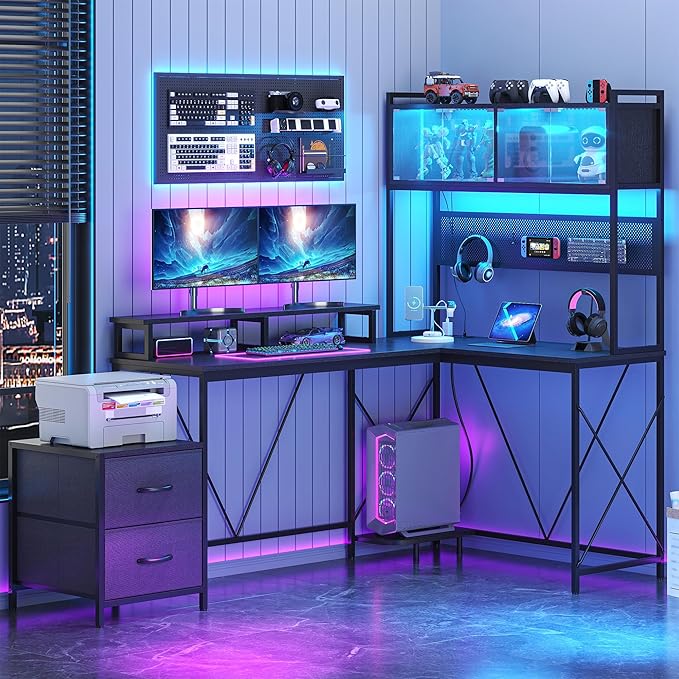 L Shaped Gaming Desk with DIY Pegboard Home Office Computer Desk with Raised Display Stand 2 Drawers and LED Glass Cabinets Corner Desk with Printer Desktop&ampPower Outlet Black