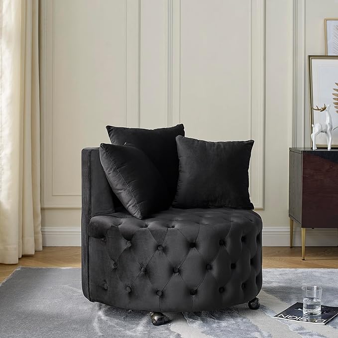 Velvet Upholstered Living Room Swivel Chair with Button Tufted Design and Movable WheelsHome Office Rotary Sofa Chairs w/ 3 Pillowsfor BedroomApartmentBlack