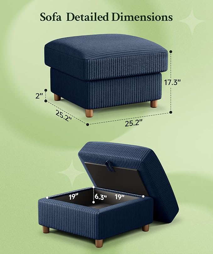 25.2 Couches for Living Room Comfy Blue Ottoman with Storage Foot Rest Tool-Free Setup Small Ottoman Foot Rest for Couch Corduroy Couch for Bedroom Apartment Office
