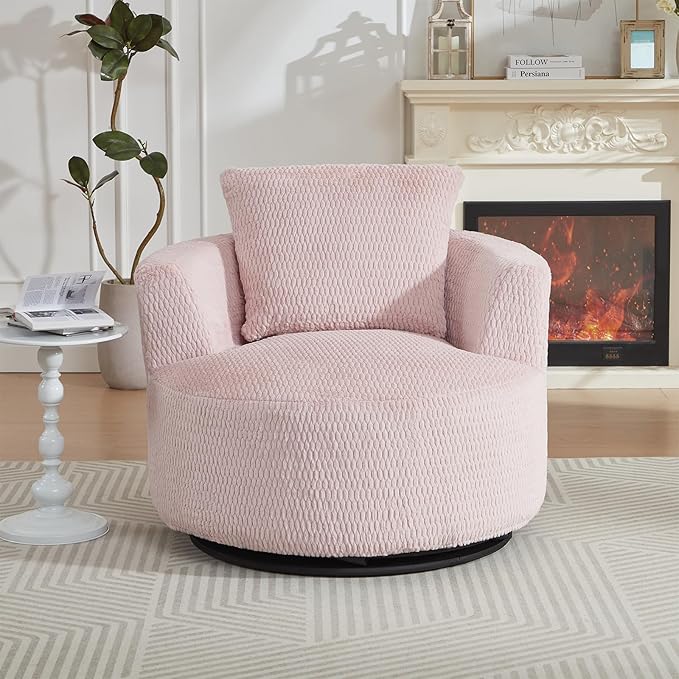 Swivel Accent Barrel Chair 360 Degree Faux Fur Comfy Round Swivel Chair with Pillow Modern Lounge Reading Armchair Upholstered Cozy Sofa Chairs for Living Room Bedroom Apartment Offices(Pink)