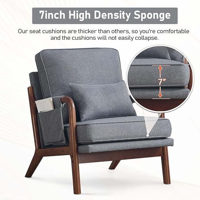ANJ Mid Century Modern Accent Chair Set of 2 Lounge Reading Armchair with Extra Side Pocket &amp Detachable Cushion Comfy Fabric Accent Chairs for Living Room Bedroom Grey