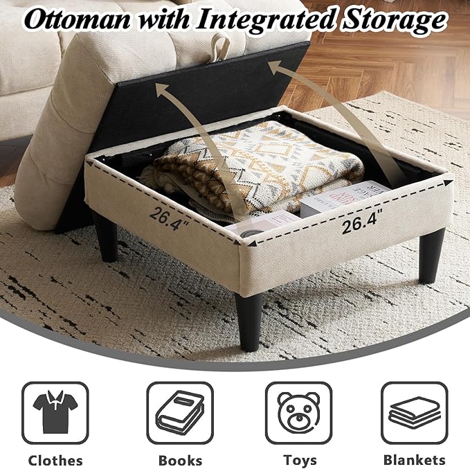 77 Beige L-Shaped Sofa with Storage Footrest Chenille Sofa with 2 Cup Holders and Charging Station for Small Spaces Comfortable Cloud Area 3 Sofa (Beige)