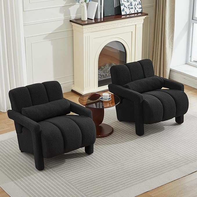 LOULENS Sherpa Accent Chair for Living Room Modern Upholstered Armchair with Thick Cushion and Pillow Comfy Teddy Chair for Bedroom Apartment Waiting Room Black