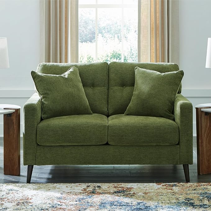 Signature Design by Ashley Bixler Mid-Century Modern Tufted Loveseat with 2 Toss Pillows Green