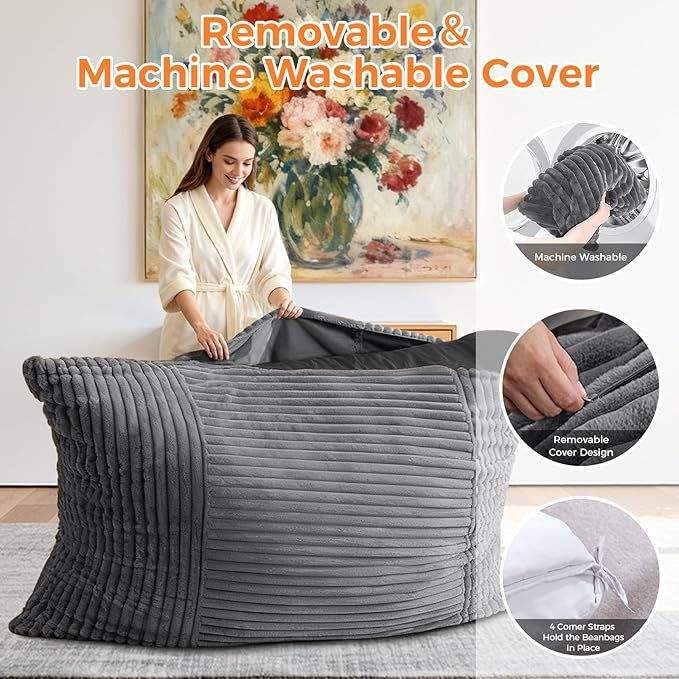 3 in 1 Giant Bean Bag Chair Convertible Bean Bag Bed for Adults and Kids Oversized Comfy Memory Foam Floor Sofa with Machine Washable Cover for Living Room Bedroom &amp Dorm(Grey)