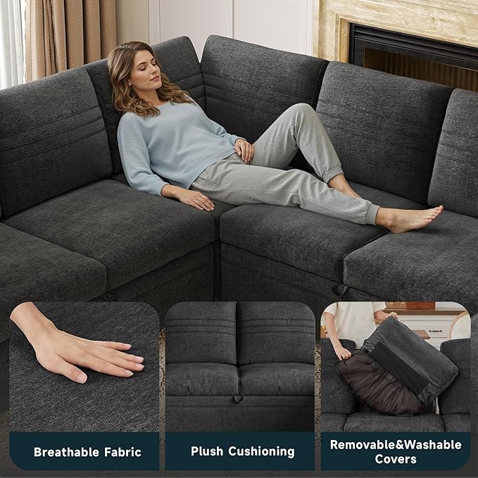 ONBRILL 105 Modular Sectional Sleeper Sofa with Pull Out Bed6 Seat Sectional Sleeper Sofa with Storage ChaiseUSB PortsModern U-Shaped Couches for Living RoomTool-Free AssemblyChenilleBlack