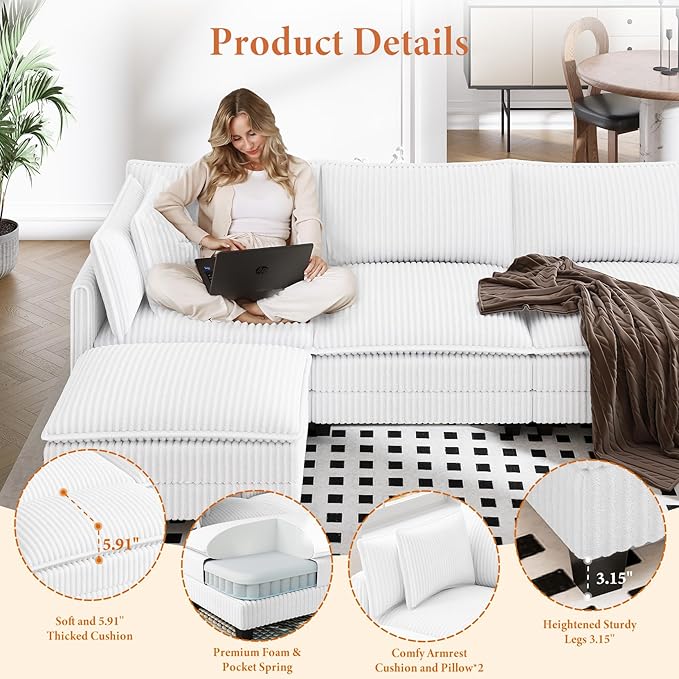 Vesgantti 143 U Shaped Sectional Modular Couch Comfy Corduroy Upholstered Modular Cloud Sofas for Living Room Modern Sectional Sofa with 2 Ottoman Deep Seat Warm White