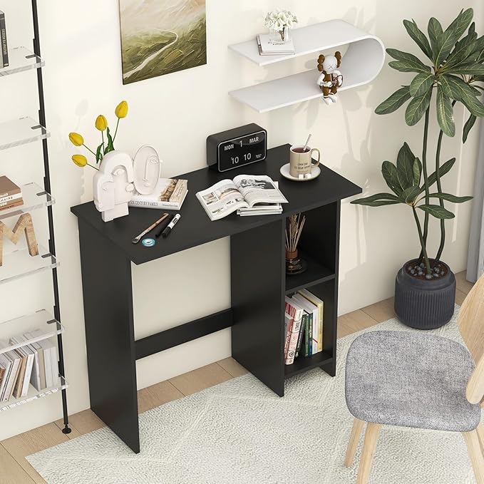 Tangkula Computer Desk with Storage Shelves Modern Small Writing Desk with Adjustable Shelf Space Saving Laptop PC Desk with Anti-Toppling Kit Wooden Kid’s Study Desk (Black)