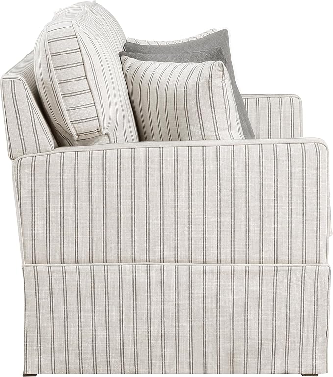 Lexicon Modern Sofa Couch for Living Room Sofas with Solid Wood Frame Square Arm and 4 Accent Pillows Small Couch for Bedroom/Living Room/Office/Apartment 2 Seater Couch White with Stripe