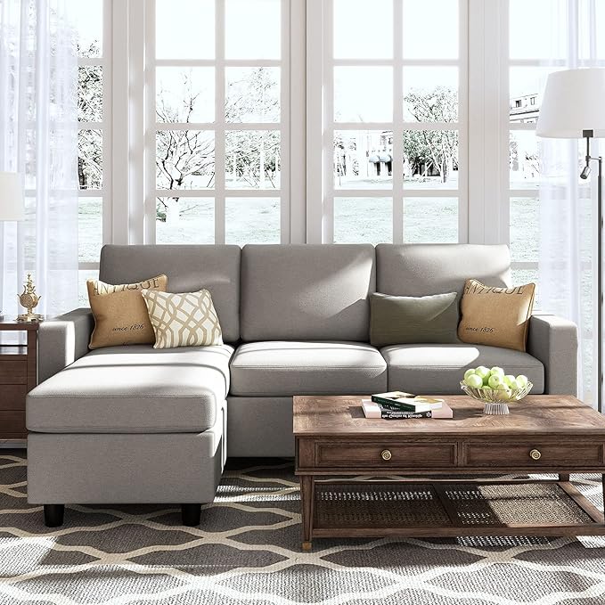 L Shaped CouchReversible Sofa with Linen FabricConvertible Sectional Sofa for Small Space Light Grey