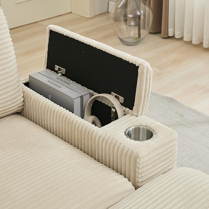 86.6 Sectional Sofa Couch with 2 Ottomans Comfy Corduroy Upholstered Cloud Modular Convertible Couch with Cup Holders and USB Armrest Storage Deep Seat Oversized Loveseat for Living Room Beige