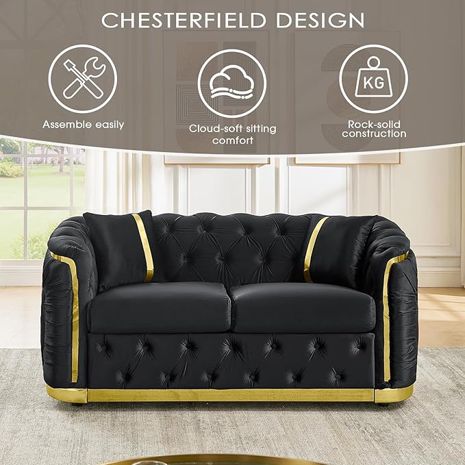 62.6 Mid Century Modern Loveseat Chesterfield Sofa Couch Black and Gold Couch Velvet Button Tufted Luxury Couches for Living Room with Golden Decor &amp 2 Pillows Black | StainlessSteel Decor Ele