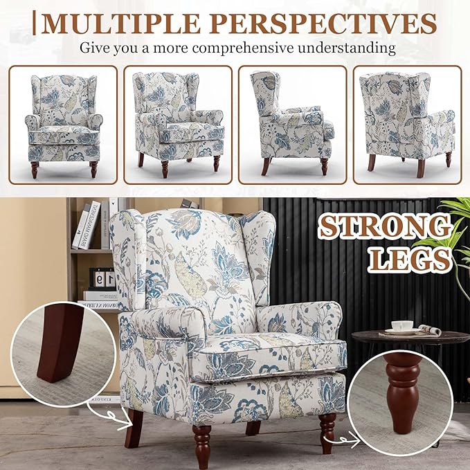 Anwick Modern Floral Accent Chair Upholstered Armchair Wingback Chair with Wooden Legs Single Sofa Reading Chair Accent Chairs for Living Room Bedroom Office (Blue)