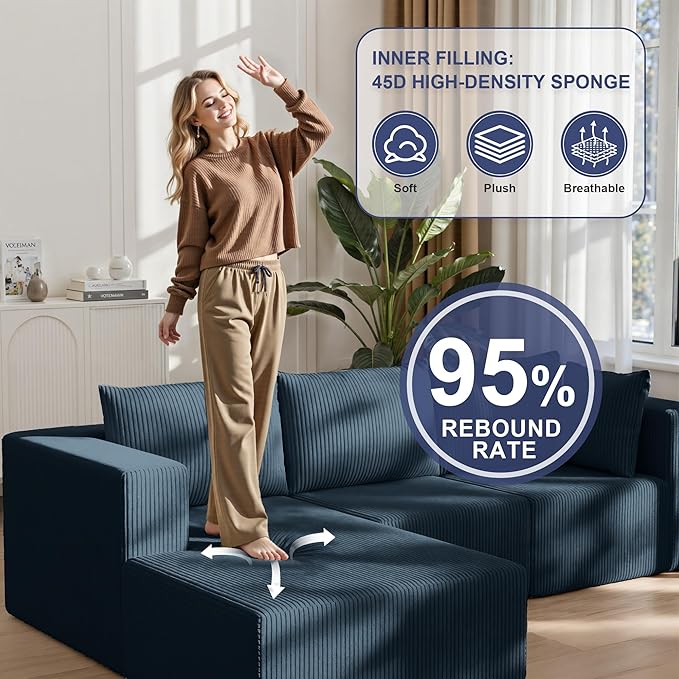 108 Boneless Couches for Living Room Modular Cloud Couch Sofa - L Shap Corduroy Sectional Sofa Fluffy Memory Foam Sleeper Sofa Furniture No Assembly Wide Armrest Navy Blue
