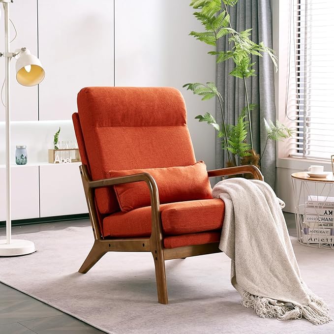 Accent Chair with Cushion Mid-Century Modern Upholstered Single Reading Armchair High Back Sofa with Linen Fabric + Solid Wood Frame for Living Room Bedroom Lounge Balcony (Orange)