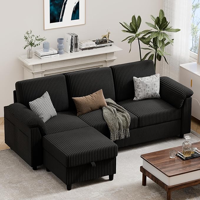 Vongrasig 79 Convertible Sectional Couch Sofa with Storage Ottoman 3 Seat L Shaped Couch with Side Storage Pockage Small Couches for Living Room Apartment and Small Space Black