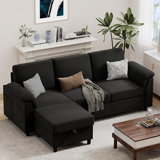 Vongrasig 79 Convertible Sectional Couch Sofa with Storage Ottoman 3 Seat L Shaped Couch with Side Storage Pockage Small Couches for Living Room Apartment and Small Space Black