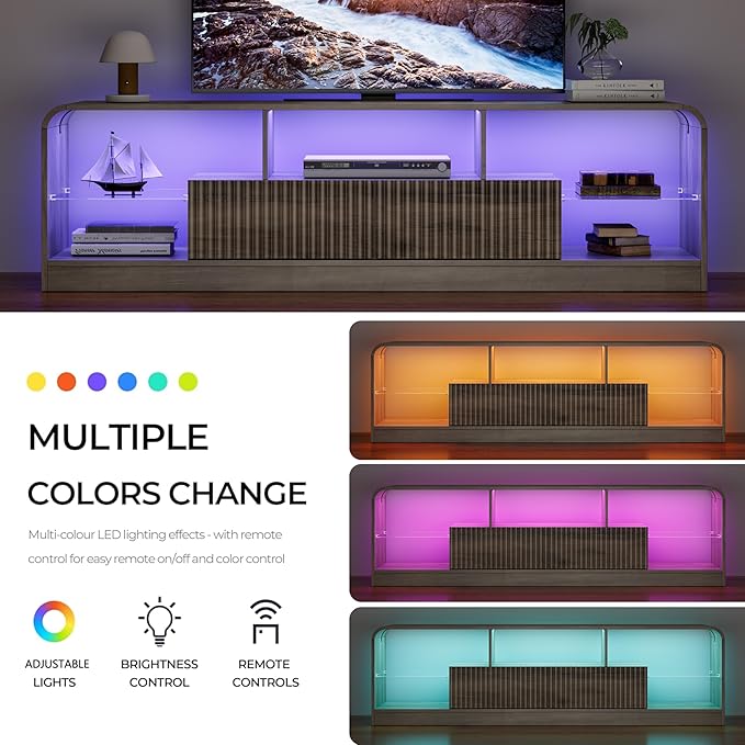 TV Stand for 60/65/70 Inch TVs Modern Curved TV Console with LED Lights 2 Drawers &amp Glass Shelves Living Room Entertainment Center