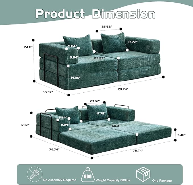Convertible Floor Sofa Bed 3-Seat Modular Sectional Chenille Fabric No Assembly Required 118 inches Beige (2 Dark Green)