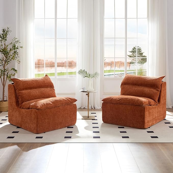 JUSTONE Modular Sofa-No Armrests Floor SofaNeck Pillow-Back Lounge Sofa Chair Accent Bean Bag Chair Lazy Floor SeatingSmall Sofa for Living RoomApartment Guest RoomSingle SeatOrange
