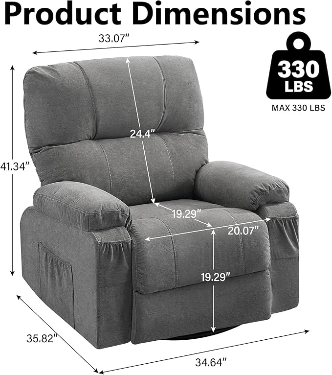 Oversized Recliner Chairs for AdultsSwivel Rocking Chair Recliner with Wide Arms&amp Backrest Fabric Reclining Chair with Pockets Lazy Boy Recliners for Living Room Bedroom (Grey)
