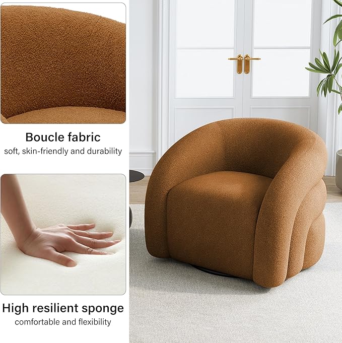 Boucle Swivel Accent Chair No Assembly Small Comfy Round Barrel Armchair for Living Room Bedroom Reading Waiting Room (Orange Set of 1)