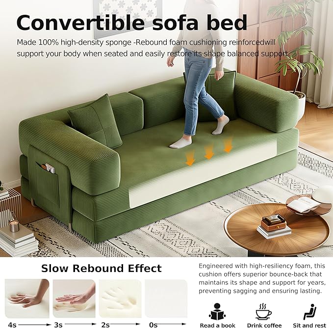 79 Convertible Sofa Bed Corduroy Folding Mattress Couch with Fixed-Shape Frame Boneless Couch for Living Room No Assembly Needed (Green)