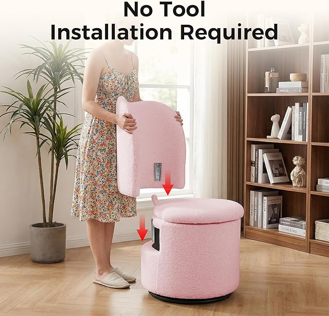 Swivel Teddy Vanity Chair with Storage Upholstered Vanity Stool with Back Sherpa Vanity Stool Chair Round Makeup Chair Swivel Accent Chair Barrel Armchair Soft Padded Seat for Living Room Bedroom