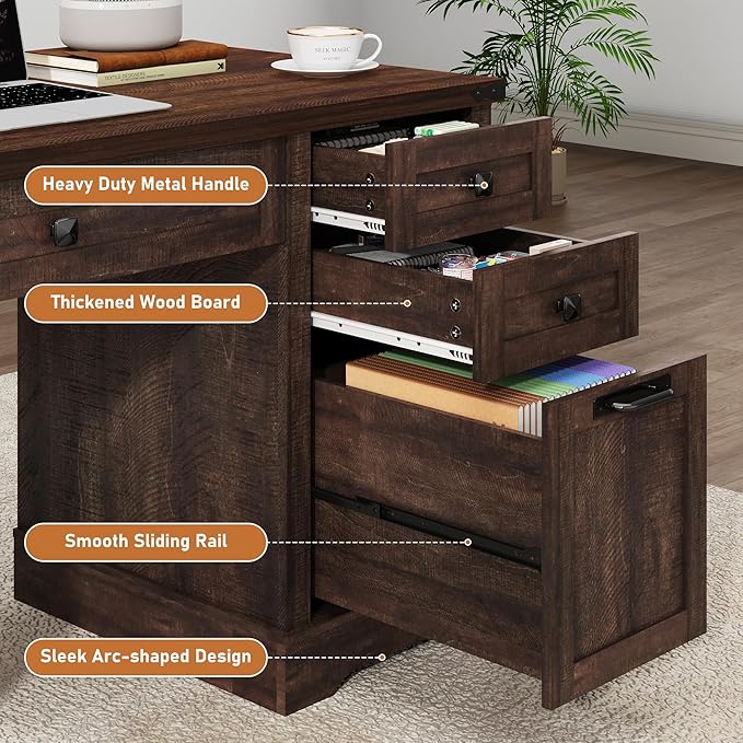 58'' Farmhouse Home Office Desk with Drawers Wooden Executive Desk with Charging Station File Drawers and Storage Cabinet Computer Desk for Work Study and Writing Brown