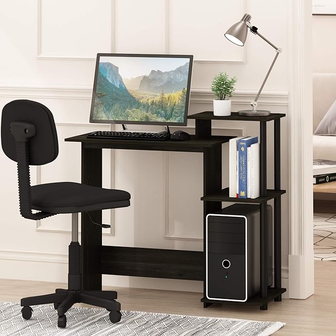 Furinno EFFICIENT Desk 28.6 Wide Gaming Desk with 3 Open Side Shelves Laptop Notebook Computer Desk Office Desk for Home Office Study Room Dorm Bedroom Espresso