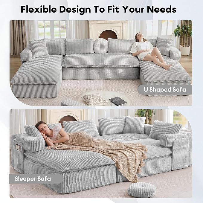 Oversized Cloud Boneless Couch 149 Modular Sectional Sofa with Deep Seat Chaise Fluffy U Shaped Couches for Living Room Comfy Plush Corduroy Sofa with Pillows No Assembly Light Grey