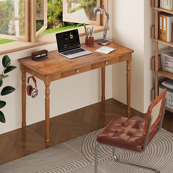 Vintage Solid Wood Writing Desk - 47.2 Mid Century Modern Desk with 2 Drawers Wooden Computer Desks for Home Office Large Secretary Desks Traditional Vanity Dressing Table for Bedroom Walnut