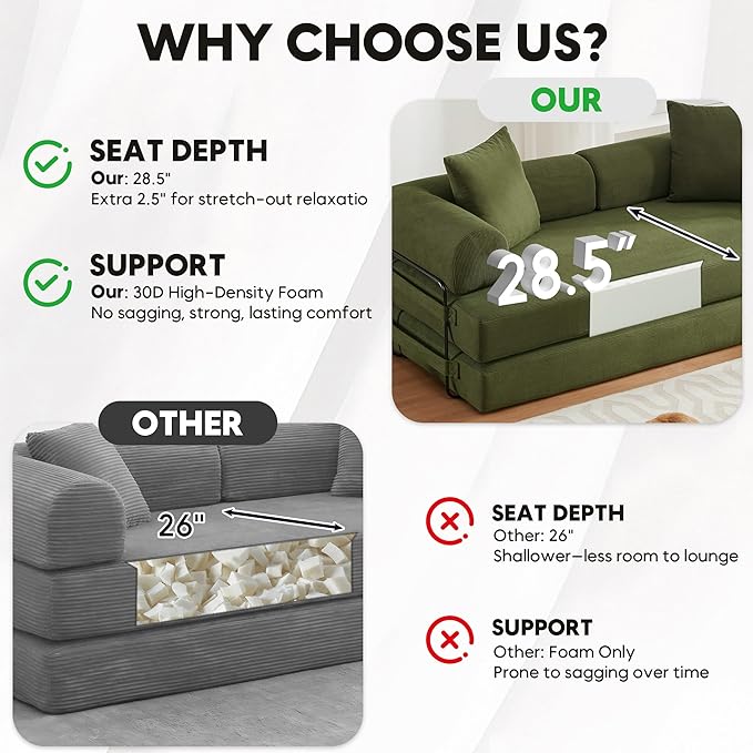 Convertible Sleeper Sofa Bed with Cylindrical Pillow Corduroy Folding Mattress Couch with Fixed-Shape Frame Floor Sofa Lounge Couch for Living Room Bedroom Lounge Studio-Green