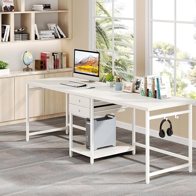Tribesigns 78.74’’ Two Person Desk with 2 Drawers Long Double Computer Desk Gaming Table with Shelves Industrial Study Writing Table Workstation for Home Office White