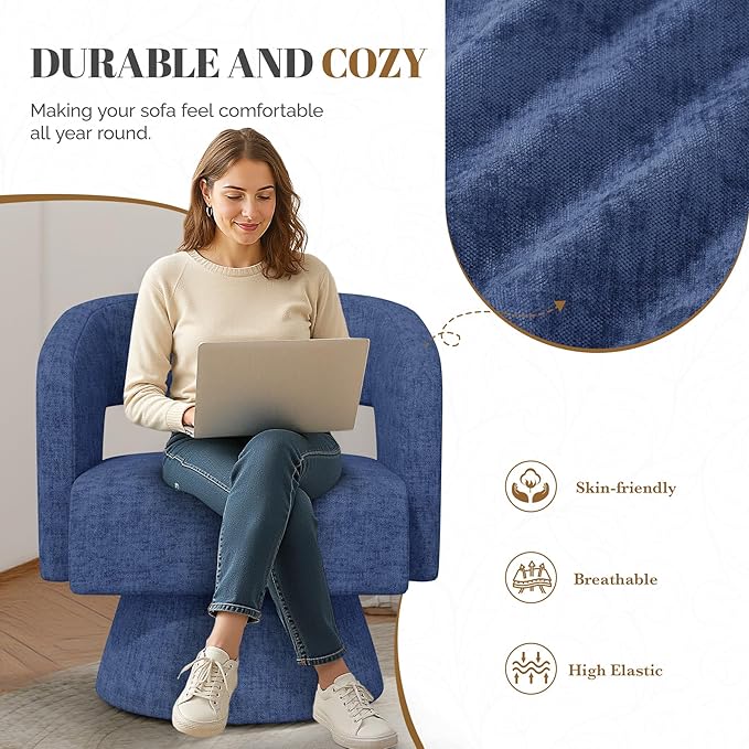 Swivel Barrel Accent ChairOversized Chenille Upholstered Round Swivel ChairModern Luxury 360 Degree Living Room Vanity Chair for Bedroom OfficeBlue2PCS