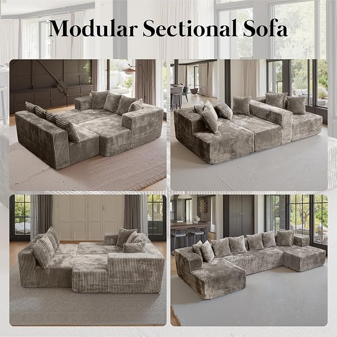 132'' U Shaped Sectional Couches for Living Room Modular Boneless Cloud Sofa with 2 Chaise Lounges 4-in-1 Flexible Combination Layered Foam Cushion Deep Seat Corner Couch No Assembly Light Coffee
