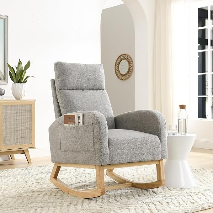 Modern Accent High Back Rocking Chair with Side Pockets Grey Teddy Fabric for Living Room and Nursery