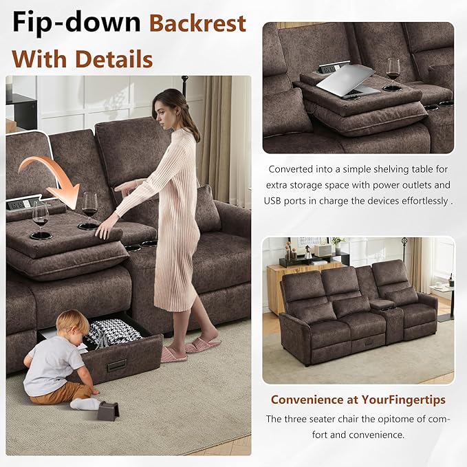 Reclining Loveseat Sofa 3 Seat Manual Recliner Couch with Flip Middle Backrest Console Wall Hugger Storage Drawer &amp Cup Holder for RV &amp Living Room Seating (Brown 3 seat &amp Console)