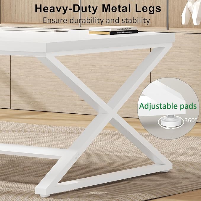 IBF Long White Computer Desk Modern Simple Large Home Office Desk Wood Metal Work Study Writing Table for 2 Monitors Double Pc Gaming Executive Workstation in Bedroom Living Room White Oak70 in