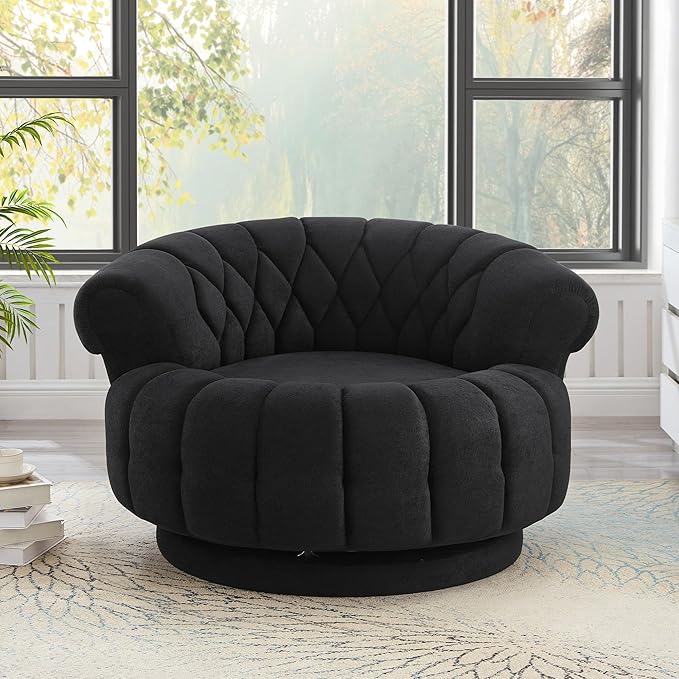 Swivel Accent Chair 360°Swivel Chair Sofa Soft Chenille Barrel Chair Round Club Chair for Living Room Bedroom (Black)