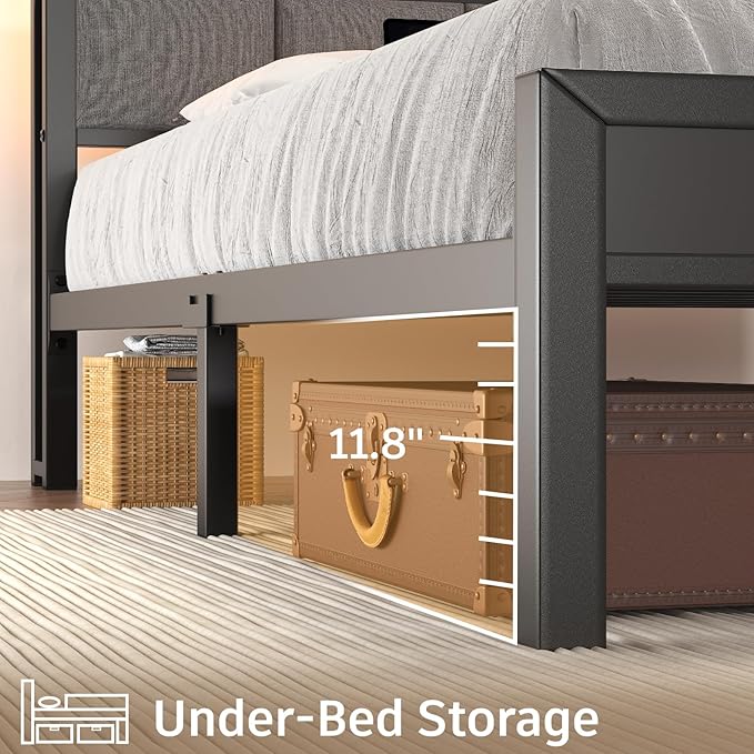 King Size Bed Frame with LED Lights and Charging Station Wood Storage Headboard with 2-Tier Shelves Heavy Duty Metal Slats No Box Spring Need Noise Free Easy Assembly Light Grey