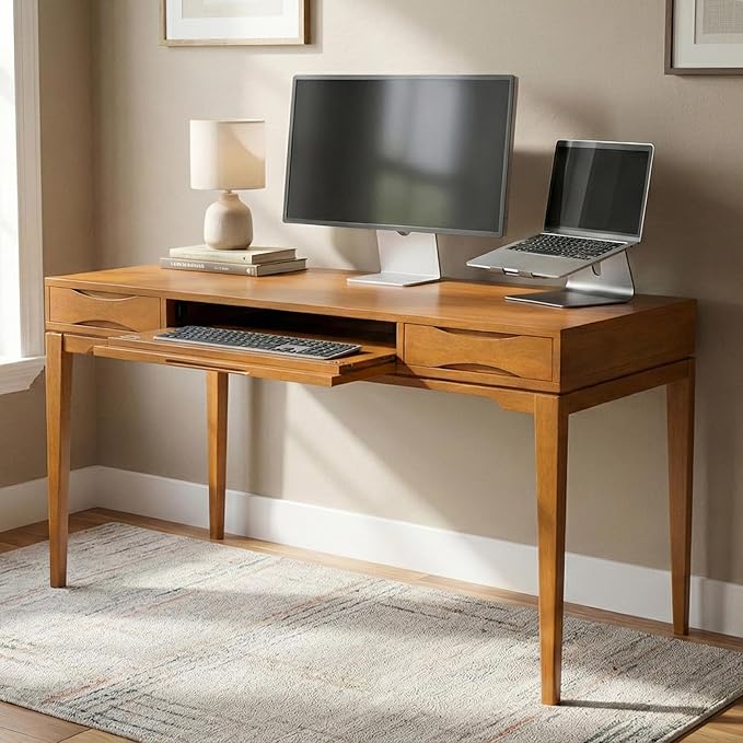 SIMPLIHOME Harper Desk - 60 Inch Wide Solid Wood Writing Desk in Light Golden Brown Mid-Century Modern Home Office Computer Table for Study with 2 Drawers and Flip-Down Keyboard Tray