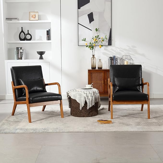 Modern Accent Chair Solid Wood Padding Lounge Armchairs with One Pillow for Living Room Bedroom Guest Room (Black PU)