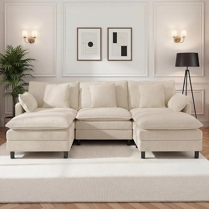 110 U-Shaped Modular Sectional Couch Modern Cloud Couch with Ottoman 5-Seat Chenille Sofa with Pillows Deep Seat Comfy Couch for Living Room Bedroom Beige
