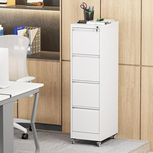 4-Drawer Mobile File Cabinet - White Vertical Metal Filing Cabinet with Lock Wheels for Home Office Adjustable Legal/Letter Size Storage 52.28 H