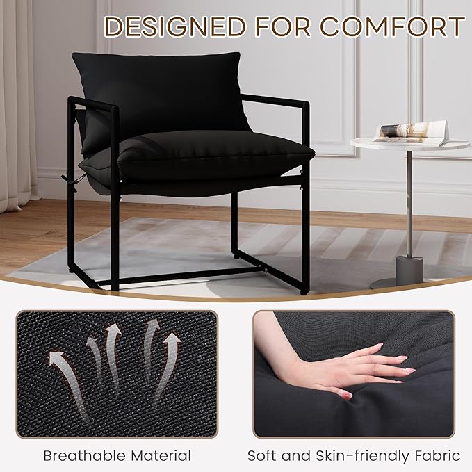Modern Accent Chair with Arms Comfortable Living Room Seating Square Metal Frame Soft Upholstered Cushion Sponge Filling Easy to Assemble Set of 2 Black